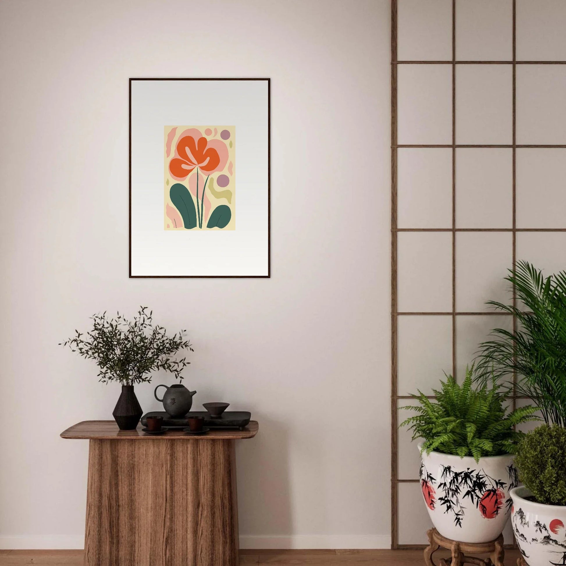 Framed abstract floral canvas print in orange and green, perfect for echoes whimsy room decoration