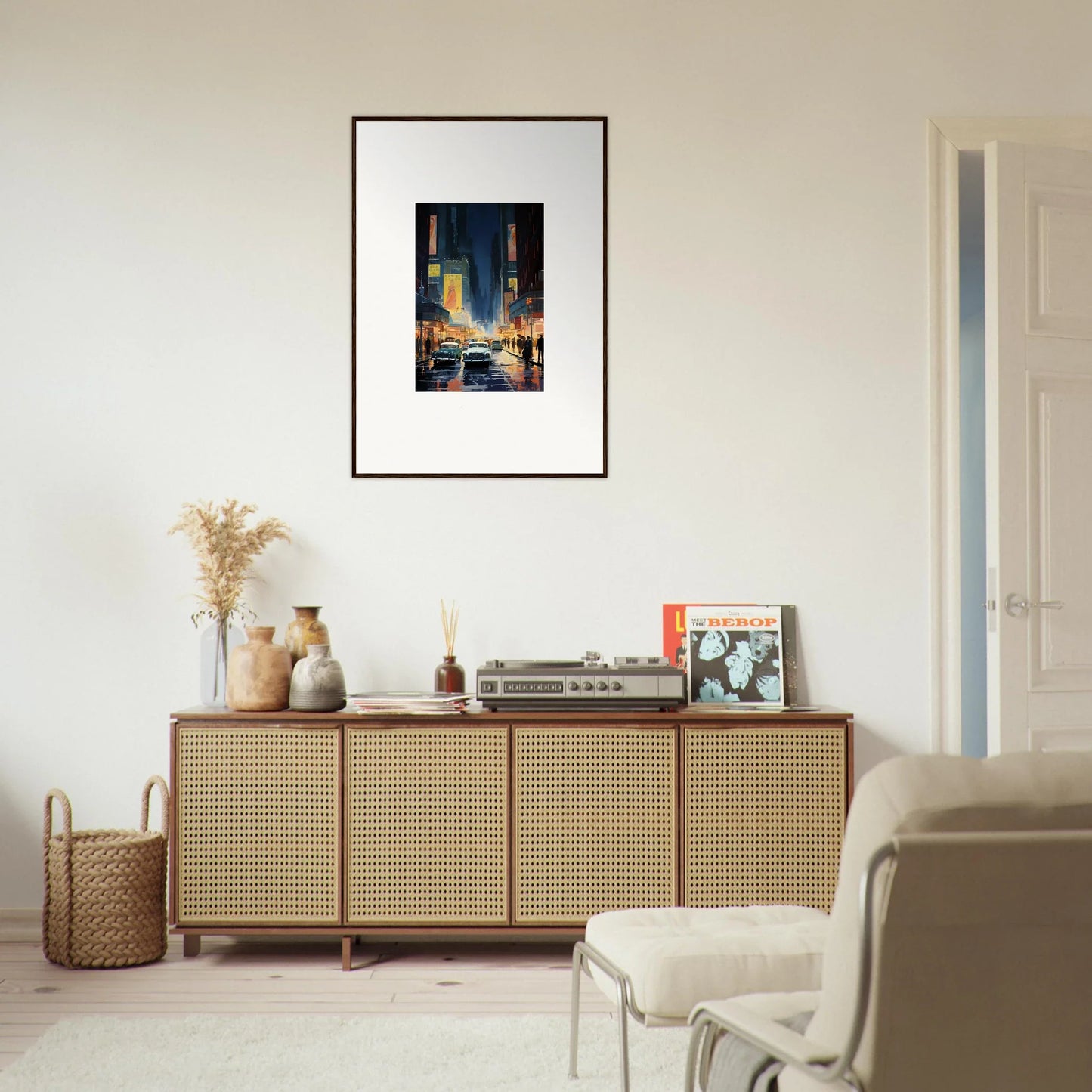 Wooden sideboard with cane-webbed doors perfect for room decoration and stylish wall art