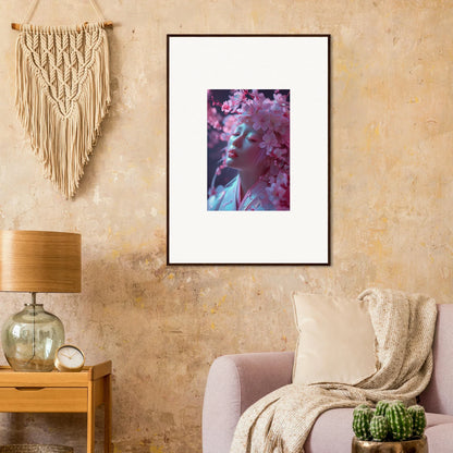 Framed canvas print of Sakura Dreams with a dreamy pink portrait and floral decor