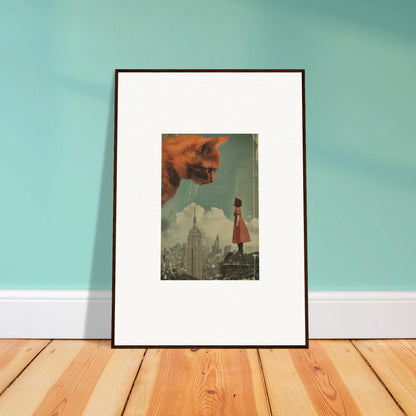 Framed surrealist wall art of a giant cat head over a city skyline, Giants Gaze