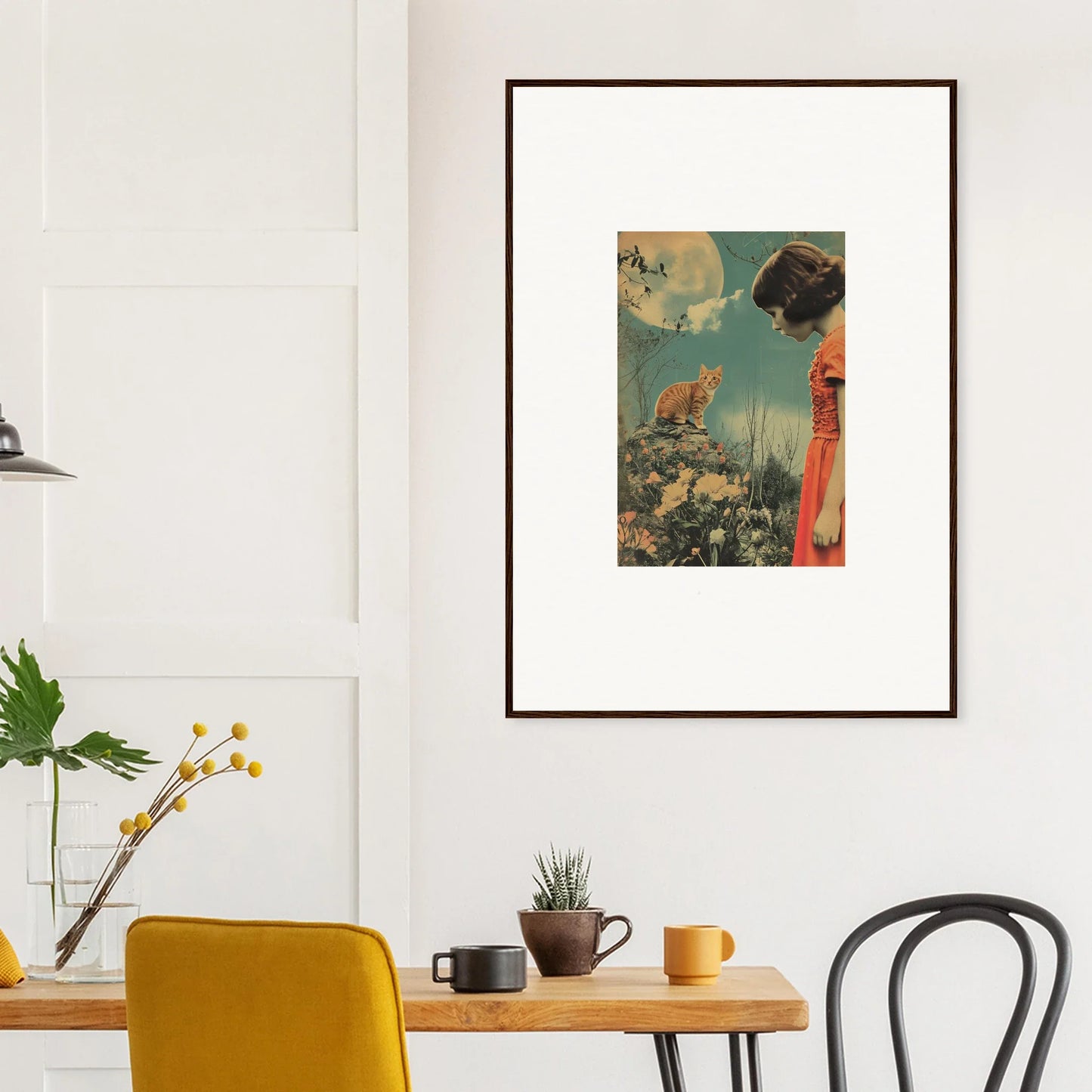 Framed abstract cat and flowers canvas print for a whimsical room decoration