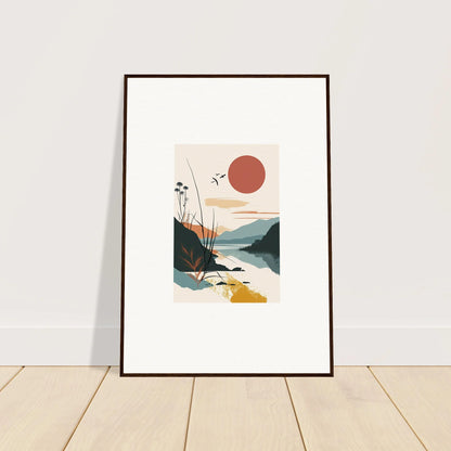 Framed minimalist canvas print of mountains and water at sunrise unfurled for room decoration