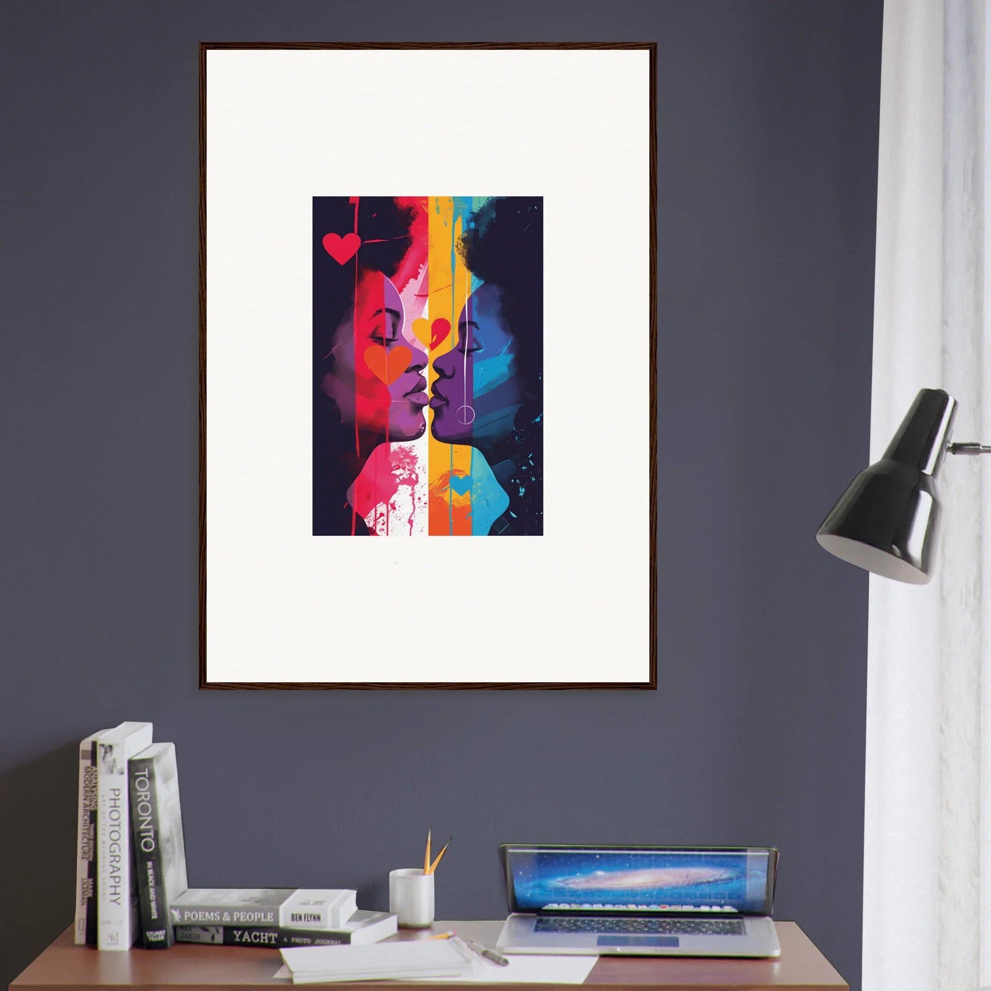 Framed abstract canvas print of colorful overlapping facial profiles for heartwave reflection room decoration