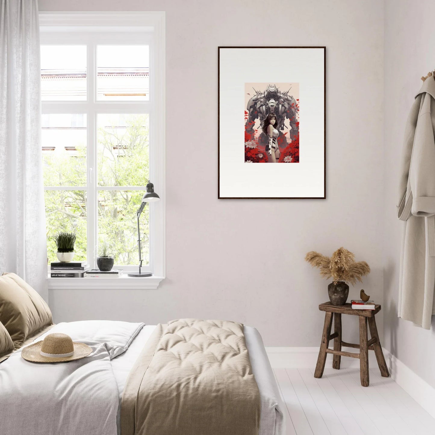 Cozy bedroom with neutral decor featuring a Poppy Lucidity canvas print on the wall