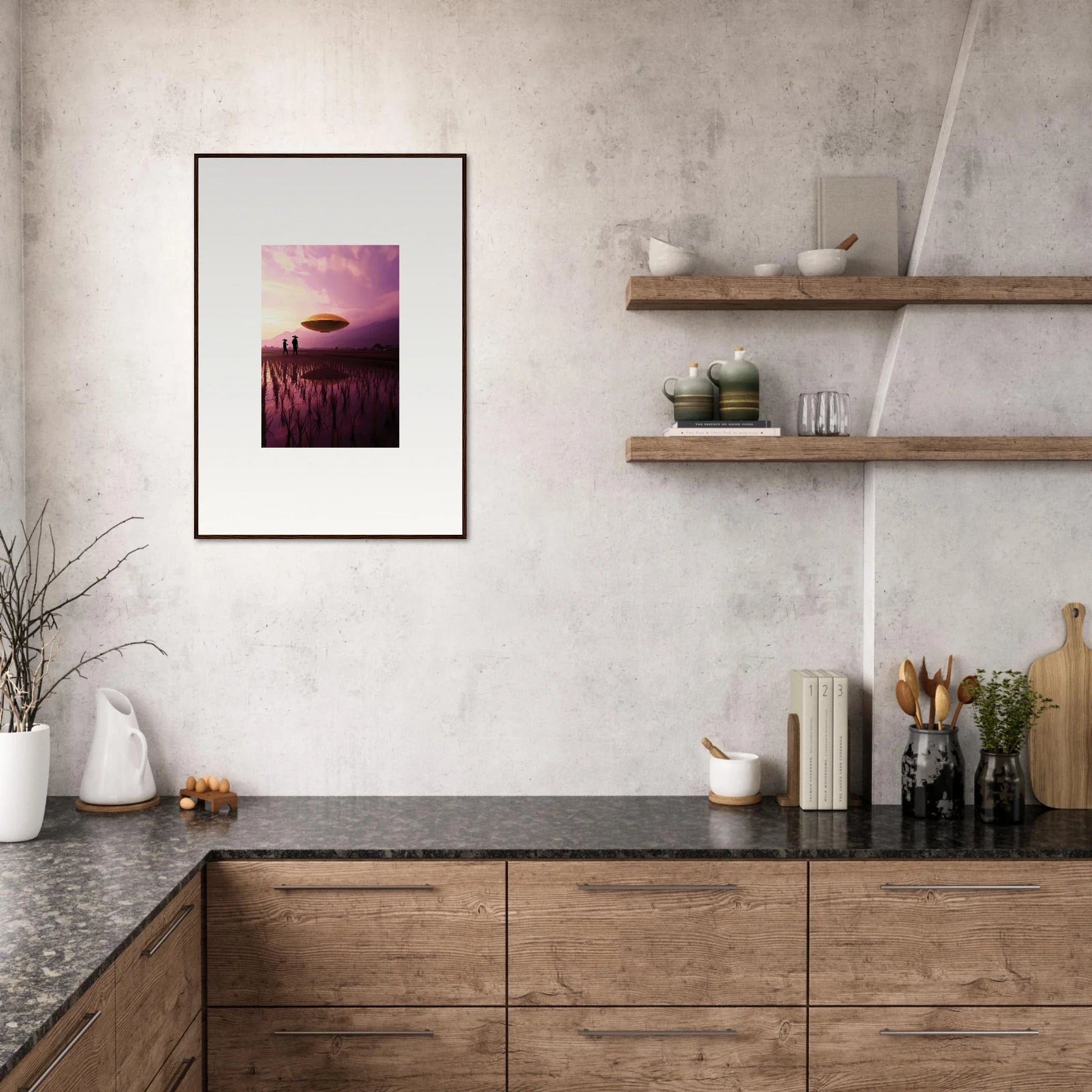 Modern kitchen with wooden cabinetry and Violet Dreaming canvas print for room decoration