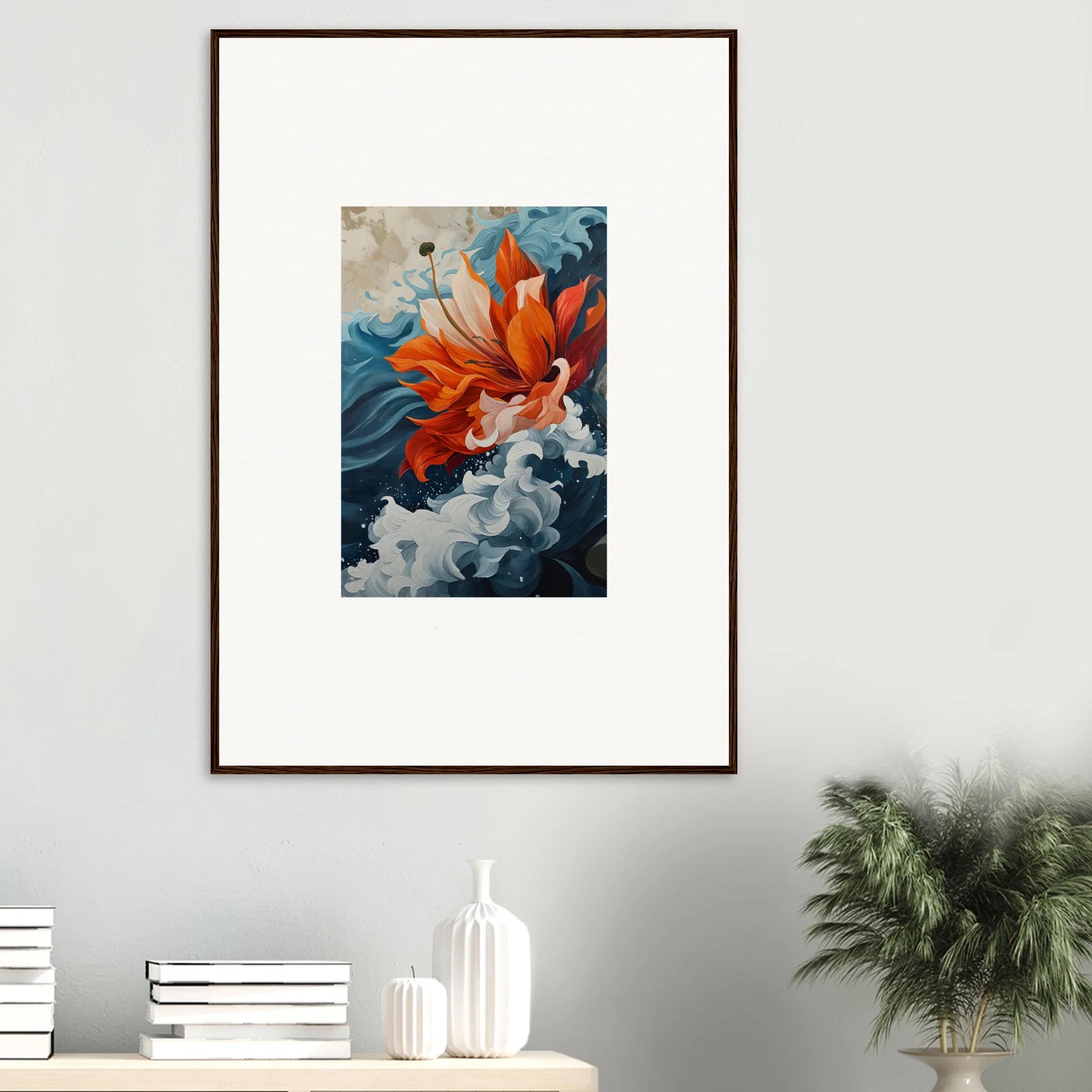 Framed canvas print of a bright goldfish in blue water for your Petal Odyssey room decoration