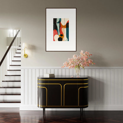 Sleek black sideboard with gold trim in Troubadour Aria room decoration setup