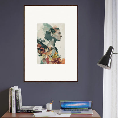 Framed canvas print of a profile portrait blending floral elements for room decoration