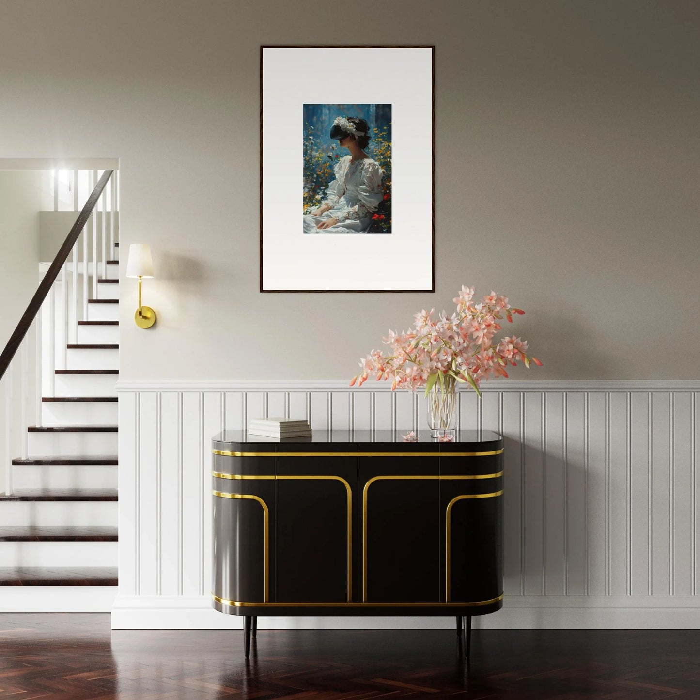 Elegant black and gold sideboard with floral arrangement and canvas print for bloom reverie decor