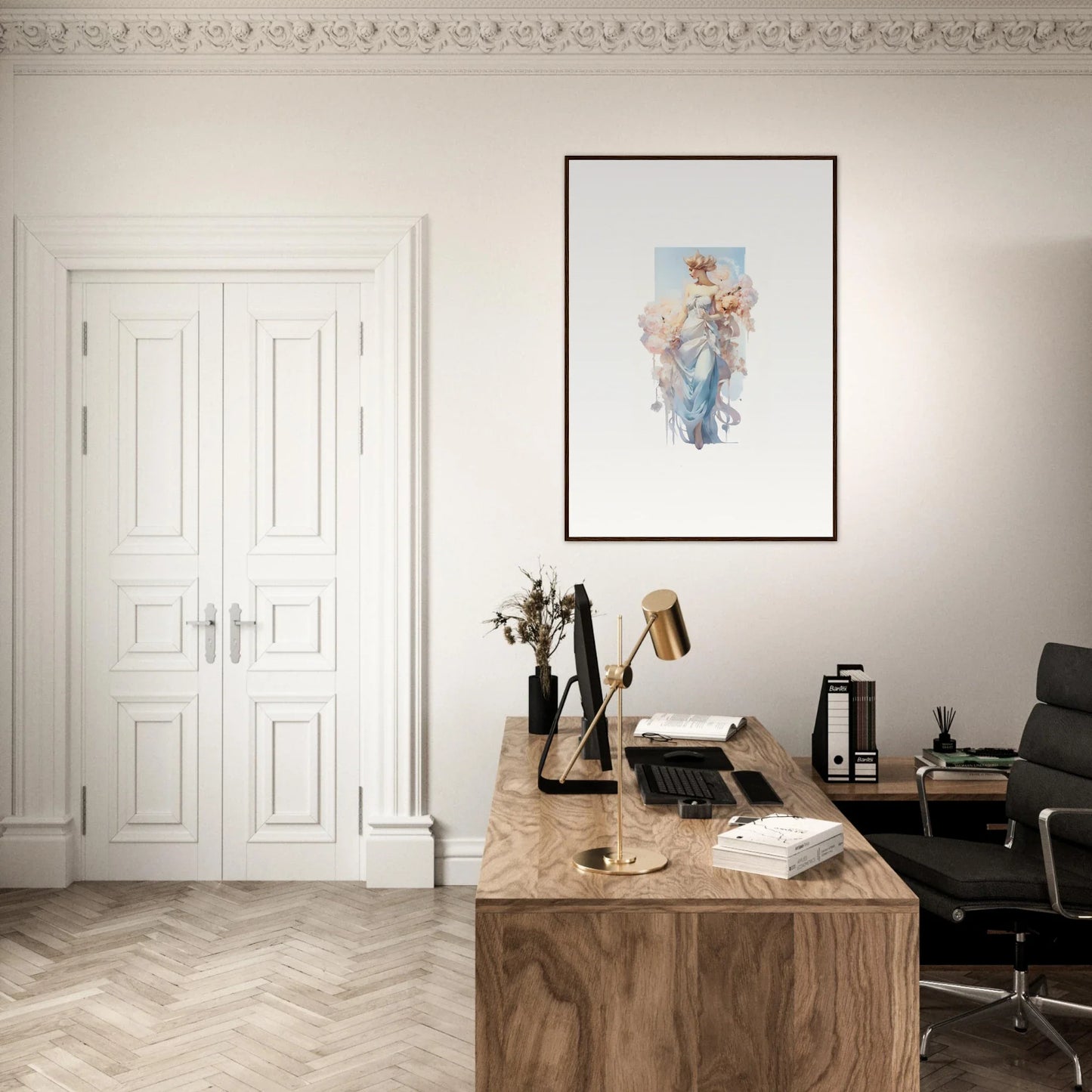 Elegant home office with wooden desk, featuring Ethereal Bouquet Waltz canvas print