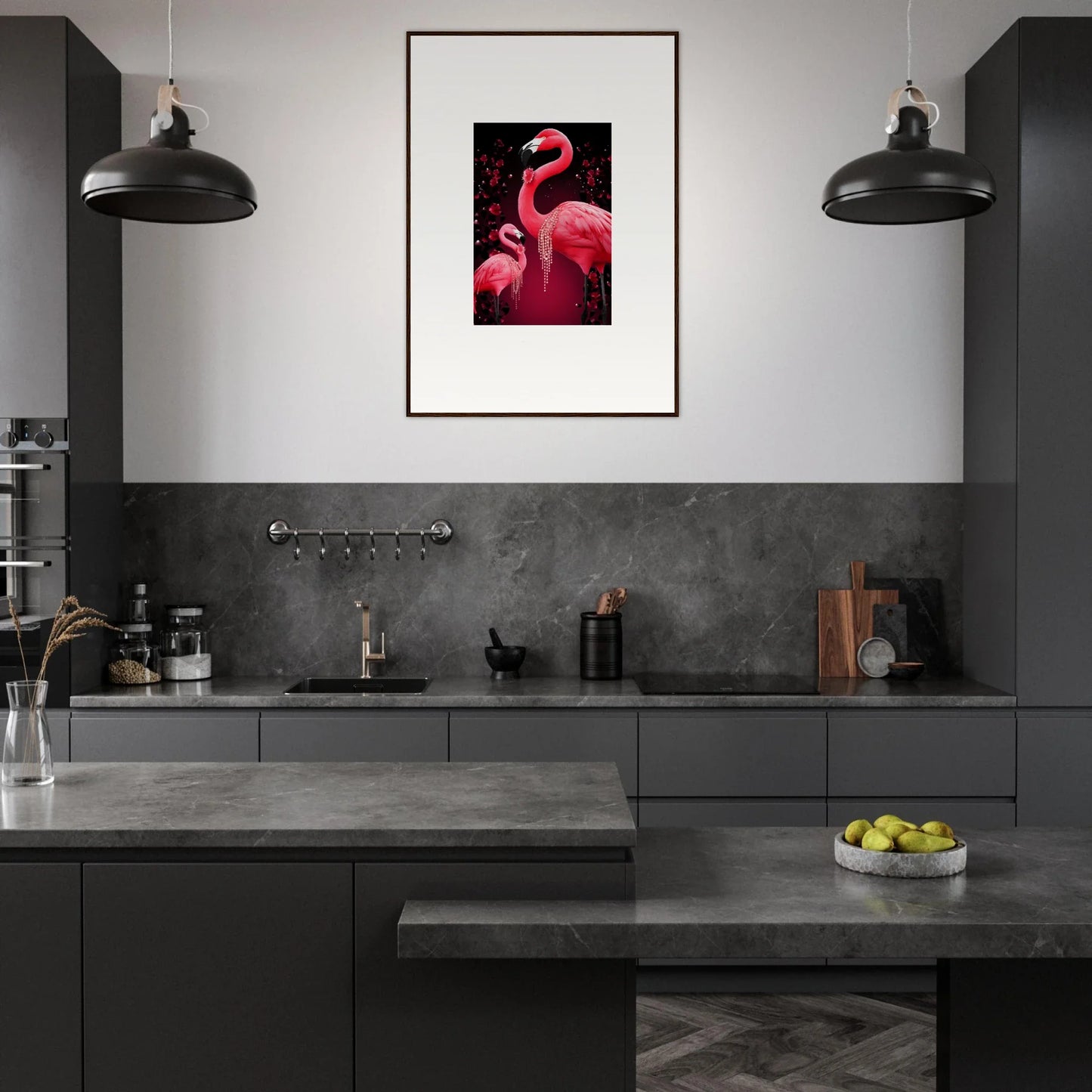 Modern kitchen with stylish pink flamingo wall art for trendy room decoration