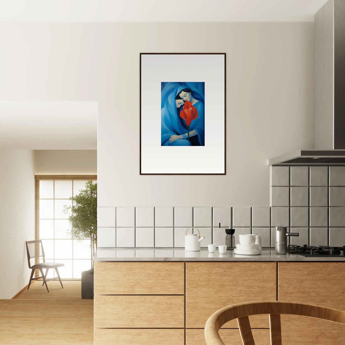 Framed canvas print of Fuse Twilight, vibrant red figure on blue background for room decoration