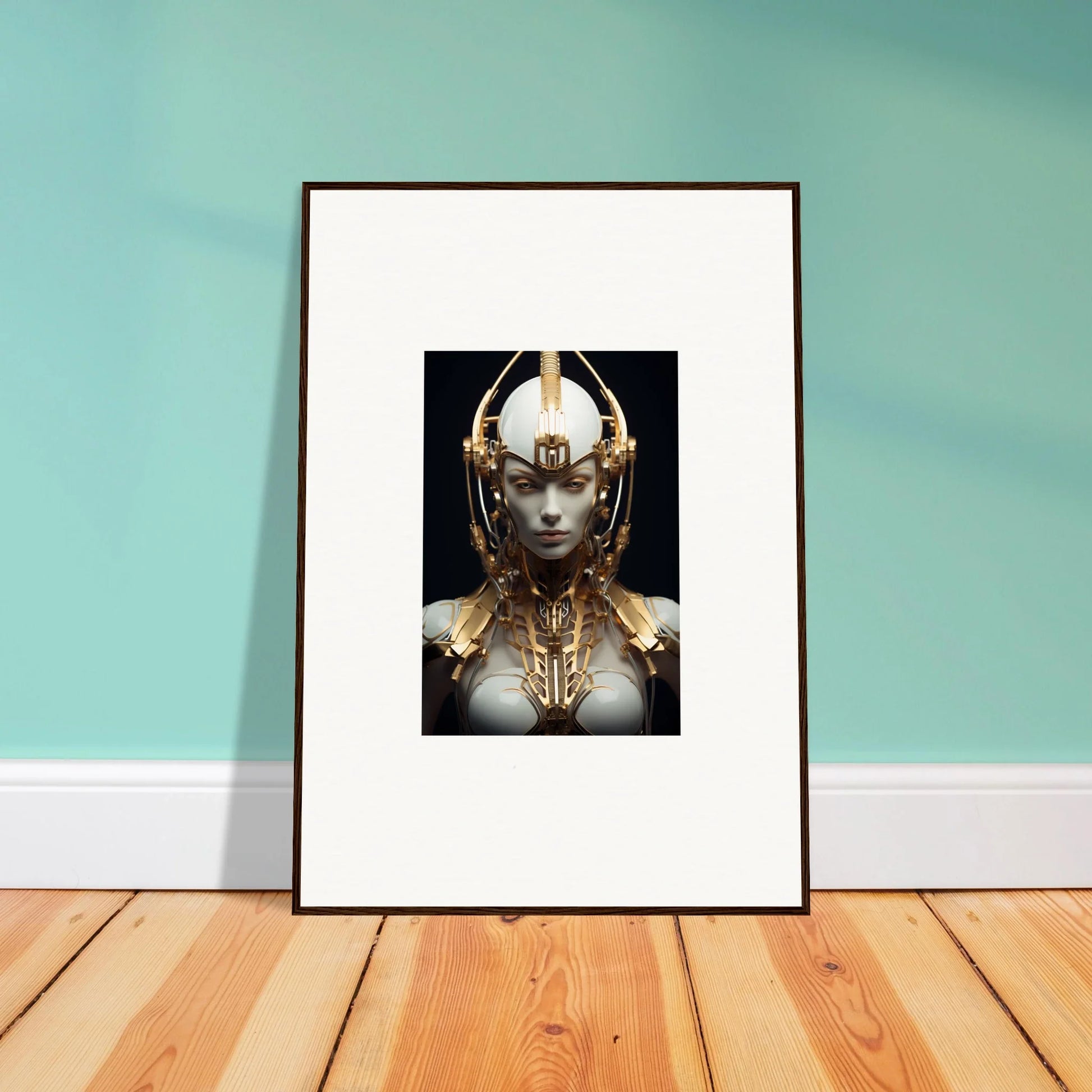 Framed canvas print of a Celestial Conductress robotic figure for stylish room decoration