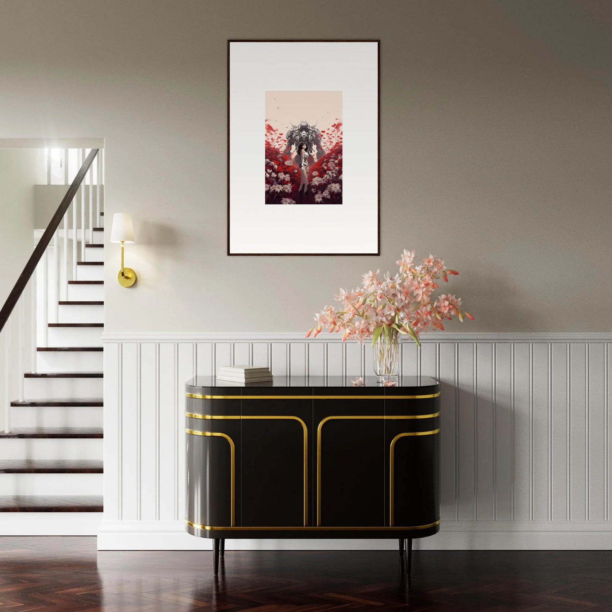 Elegant black and gold sideboard under artwork and flowers for boundary whimsy room decoration