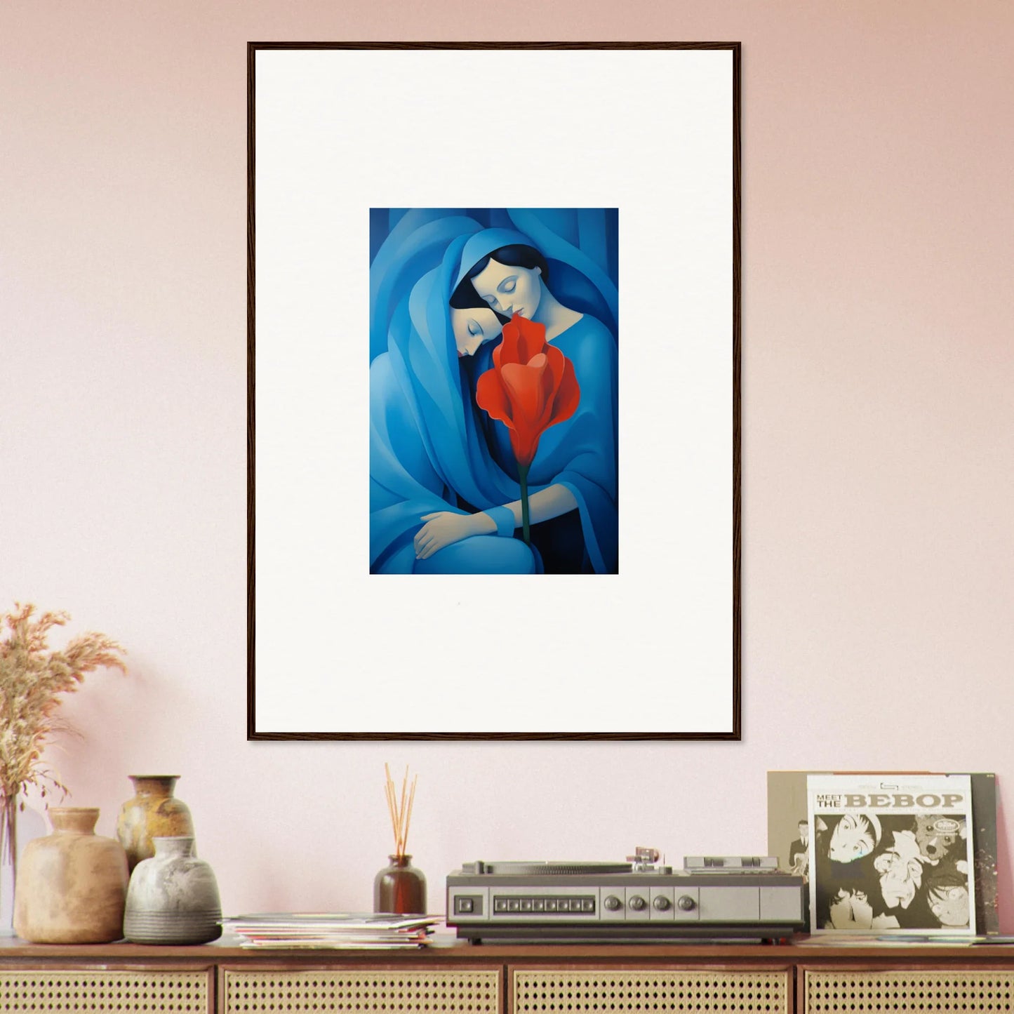 Framed canvas print of Hues Fuse Twilight in blue and red for stylish room decoration