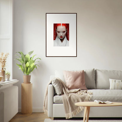 Framed portrait of a pale figure with red hair on crimson, featured in Pome Artcard Whisper