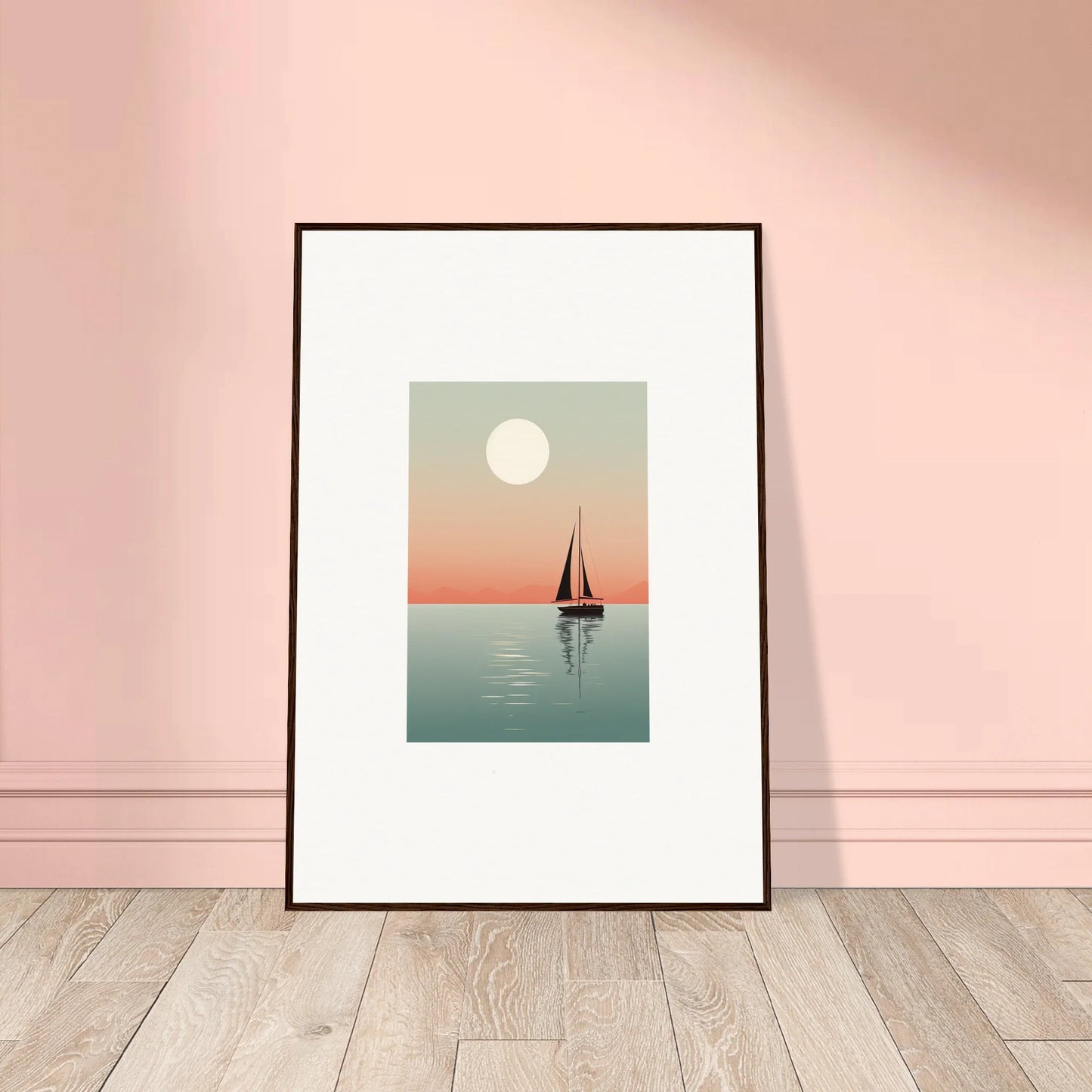 Framed canvas print of a sailboat on calm water showcasing Nautical Harmonies for room decoration