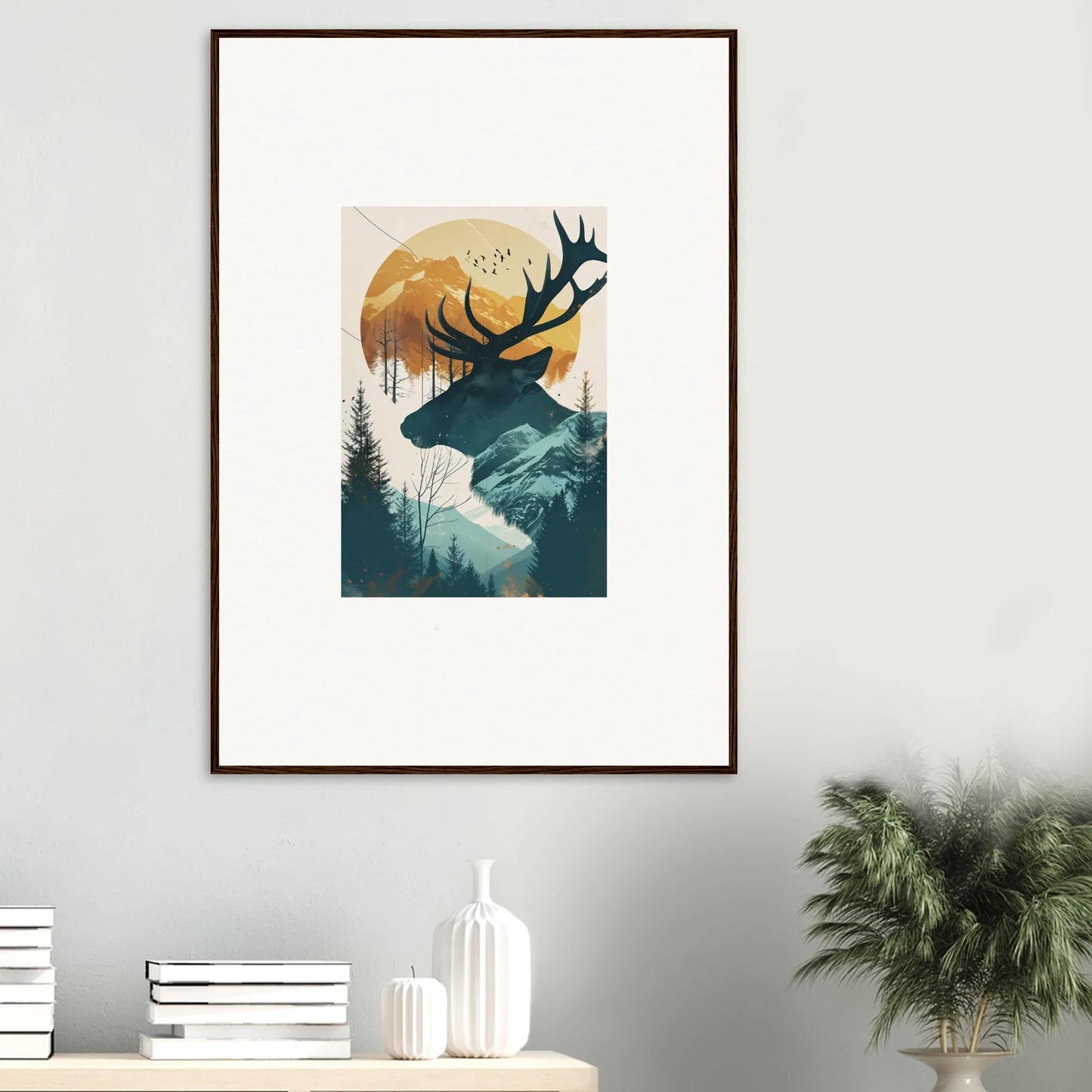 Framed canvas print featuring deer panoramas with a sunset forest backdrop for room decoration