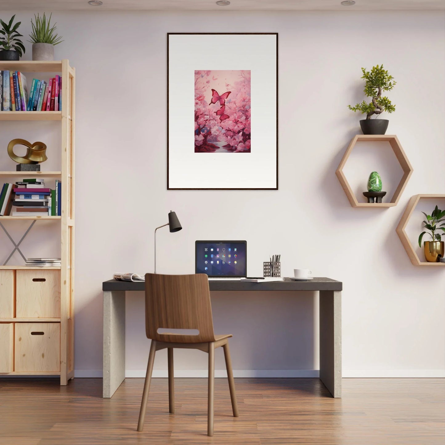 Home office workspace with desk, chair, and Spring Euphoria wall canvas print