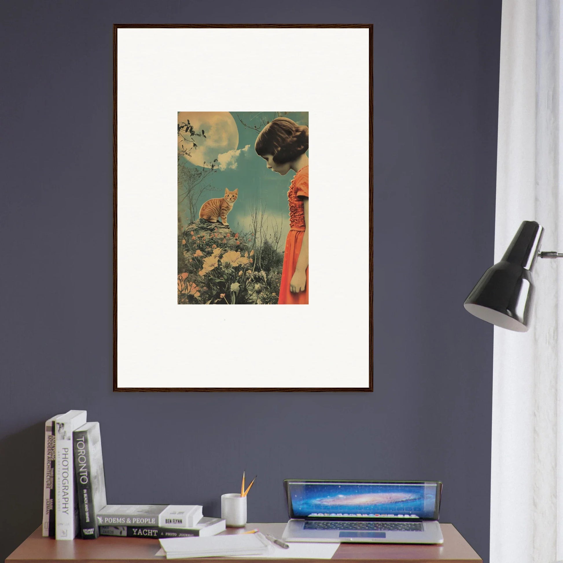 Framed canvas print of Moonlit Flora Reverie with a woman in a red dress and a cat