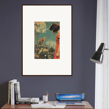 Framed canvas print of Moonlit Flora Reverie with a woman in a red dress and a cat