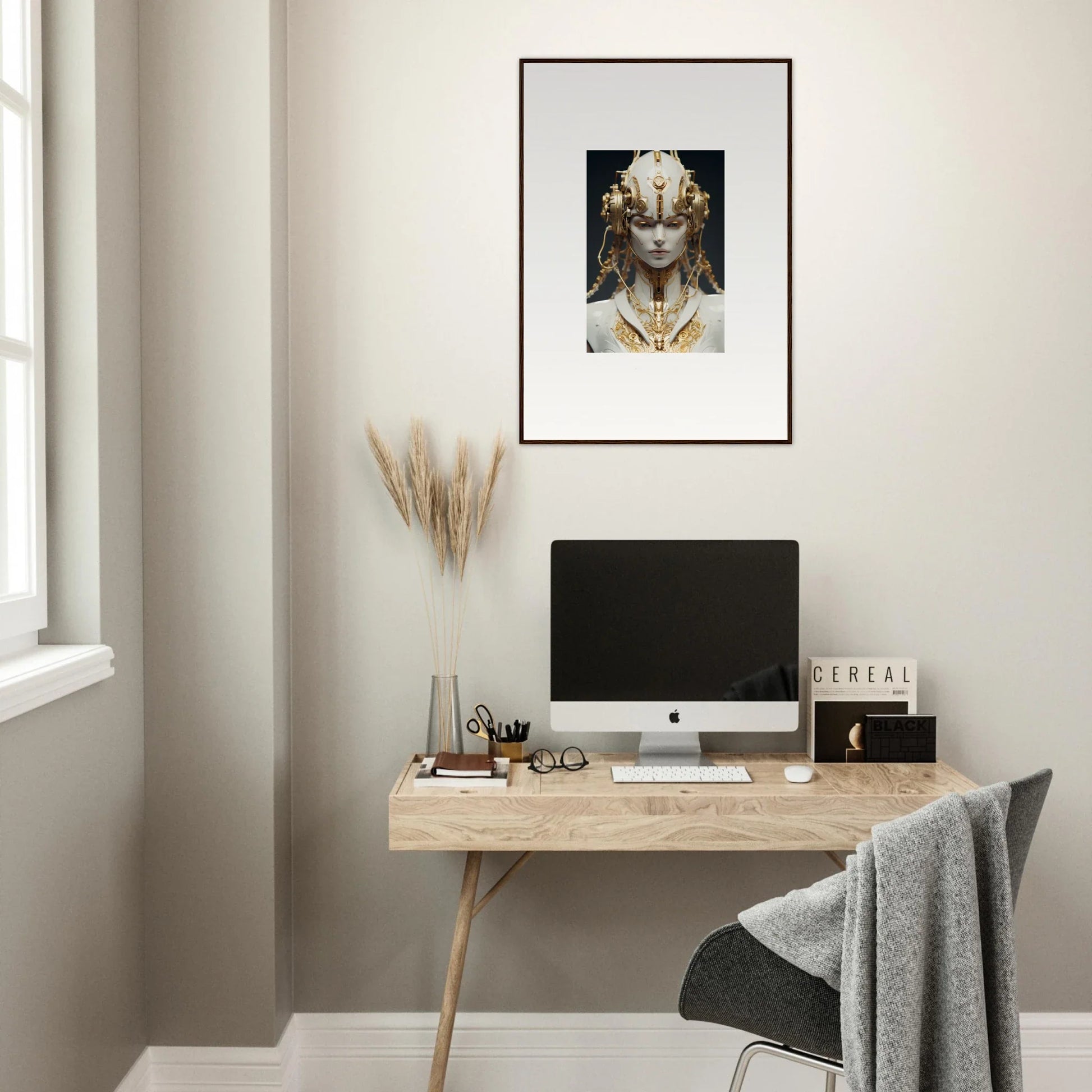 Chill Minimalist home office with wooden desk, computer, and canvas print for room decoration