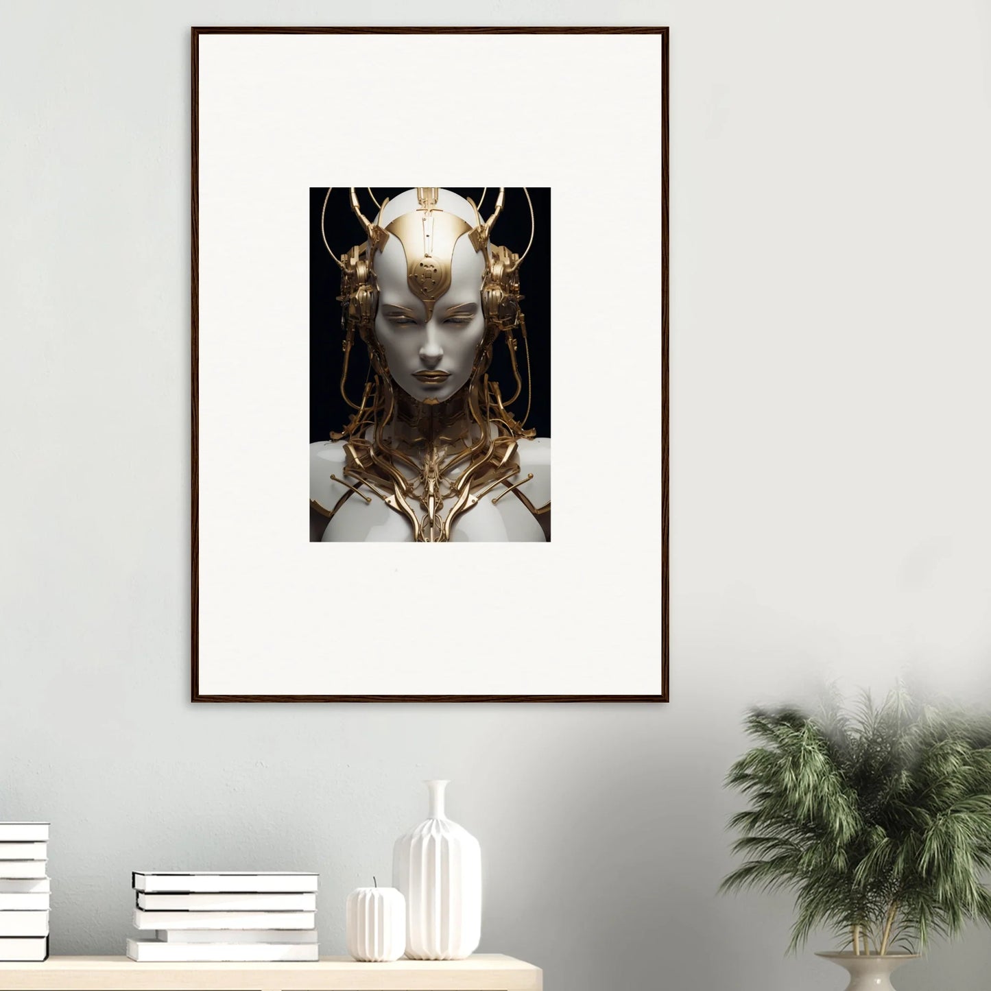 Framed canvas print of a surreal figure with golden details, perfect for room decoration