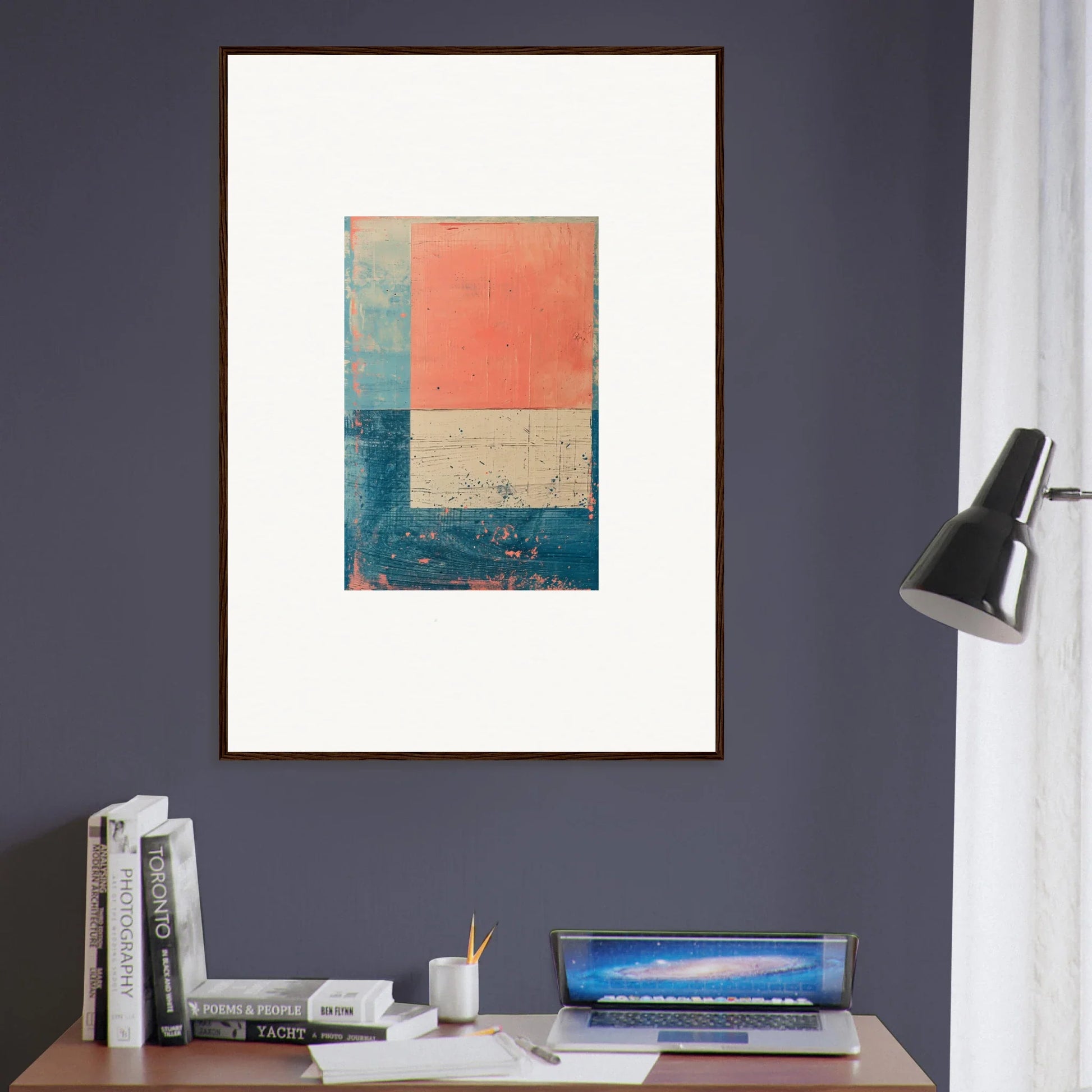 Framed abstract canvas print in coral, beige, and blue for trendy room decoration