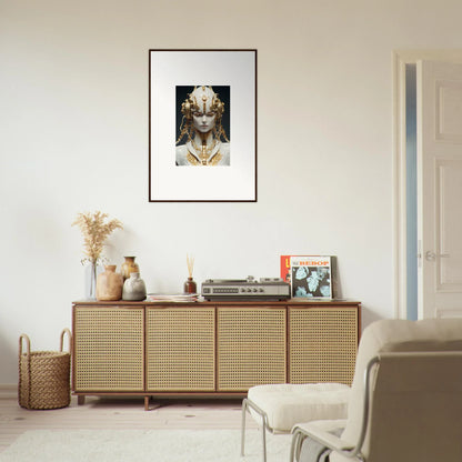 Wooden sideboard with cane doors perfect for room decoration and showcasing canvas prints