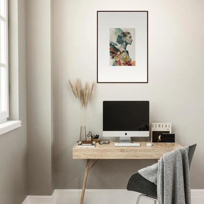 Minimalist home office with a wooden desk and Reverie Blossom canvas print