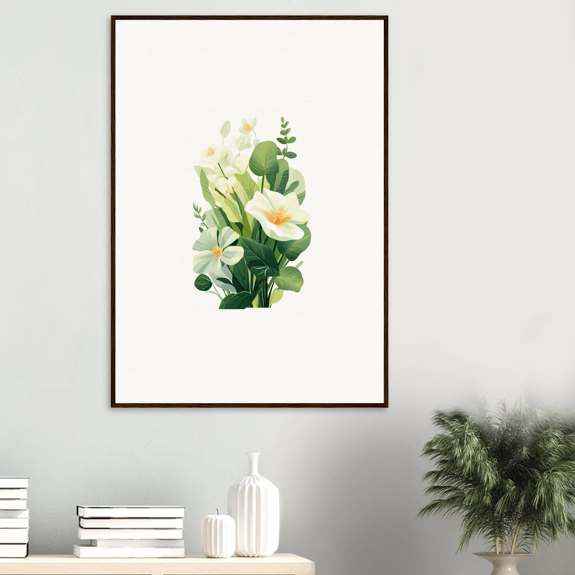 Framed botanical illustration of white flowers for a stylish garden whispers canvas print