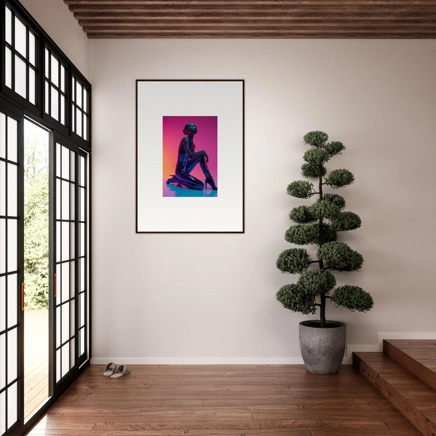 Framed Neon Vortex Wonder canvas print of a silhouetted figure with vibrant colors