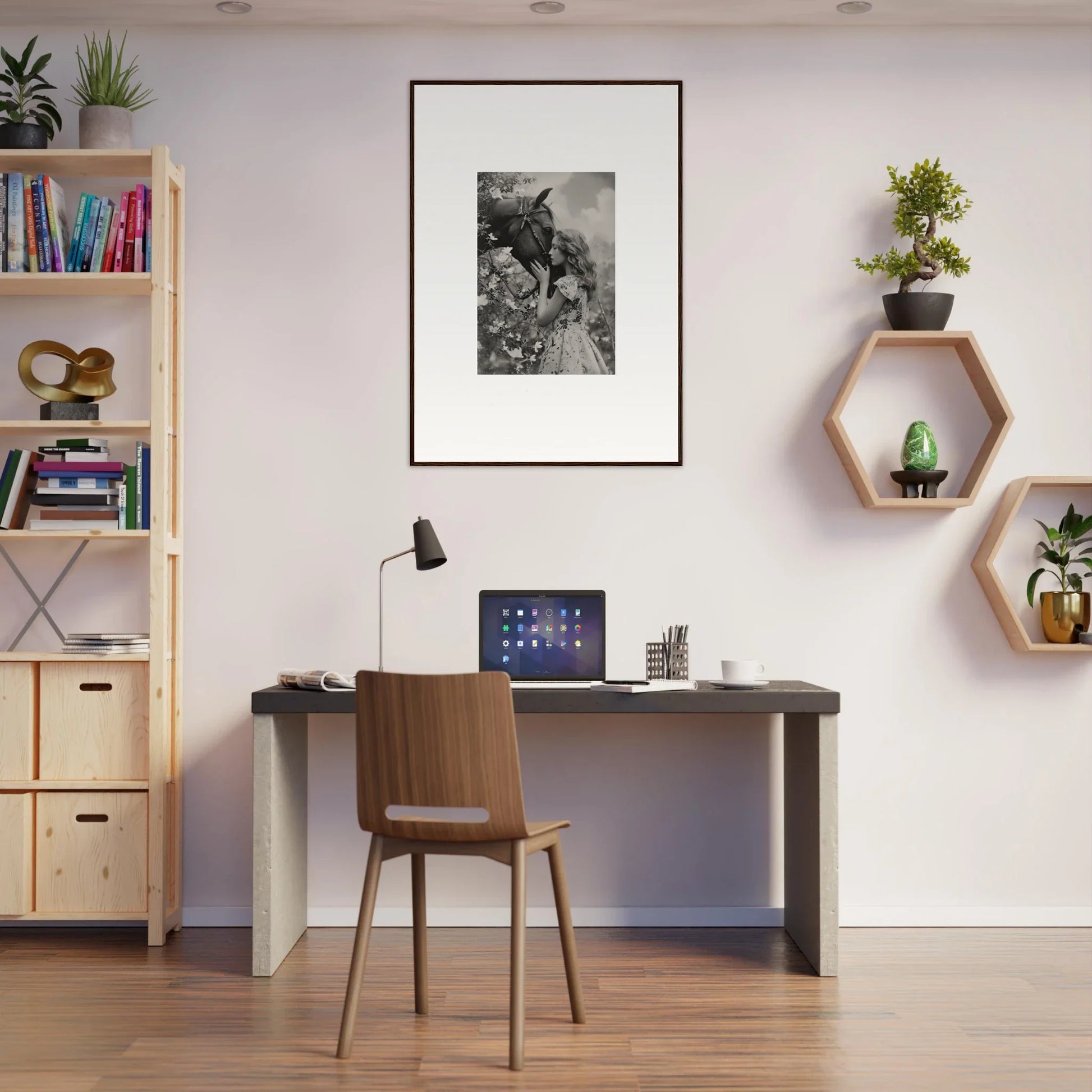 Cozy home office setup featuring a desk, chair, and stylish wall decor including a canvas print