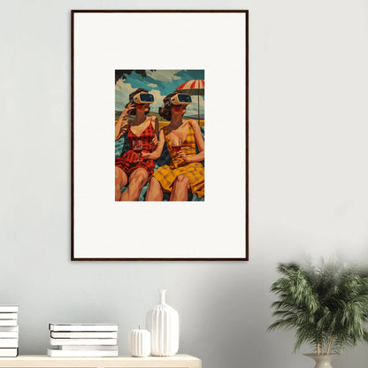 Framed canvas print of two women in colorful swimsuits enjoying morning sunshine at the beach