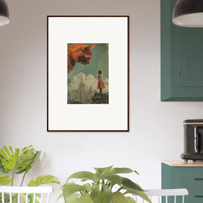 Framed surrealist wall art of a giant cat head above a city, ideal for unique room decor