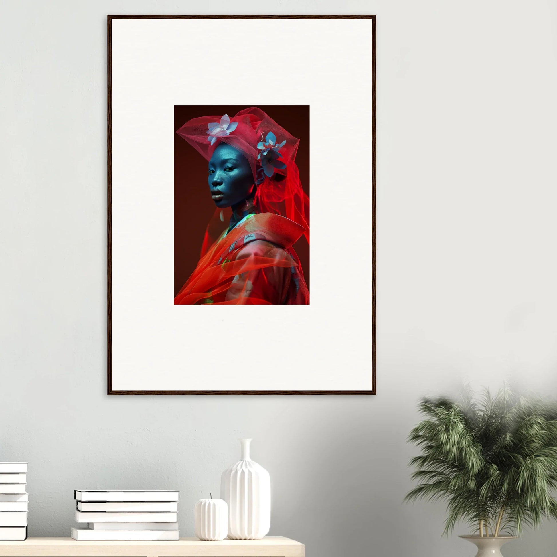 Vibrant canvas print of a framed portrait with blue and red tones, perfect for room decoration