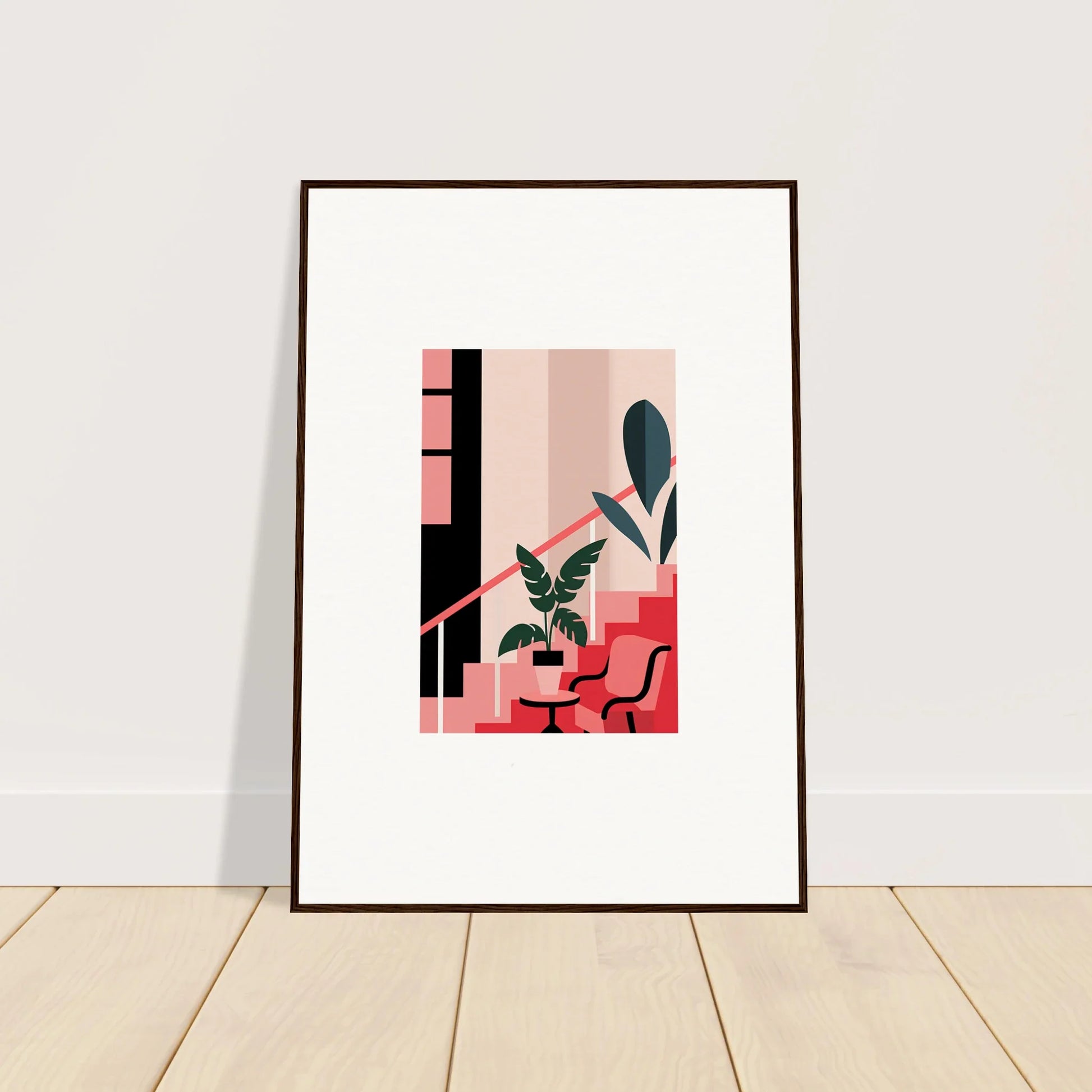 Framed canvas print of a daydream expression with abstract shapes and a potted plant