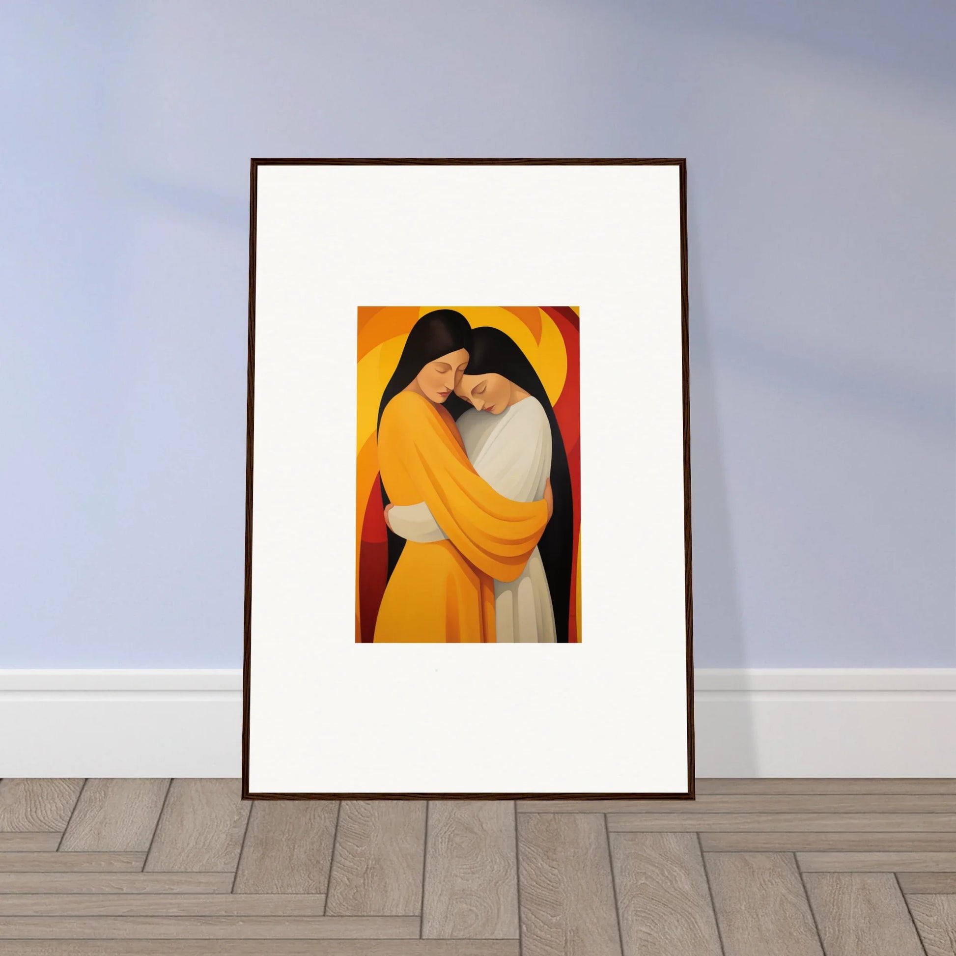 Framed canvas print of embracing figures in warm tones for vibrant Sun Nyah room decoration