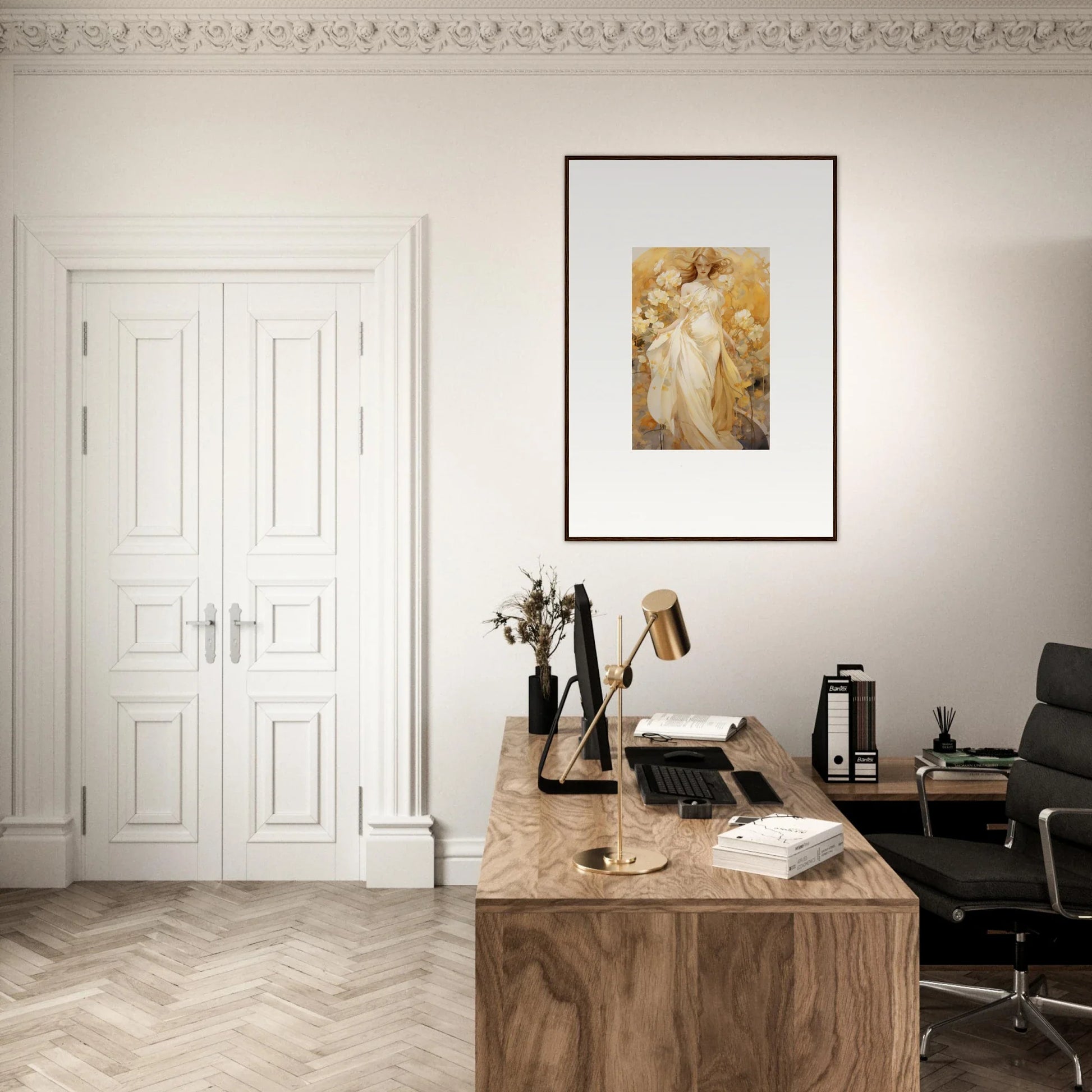 Elegant home office with a wooden desk featuring a Silk Dream canvas print for room decoration