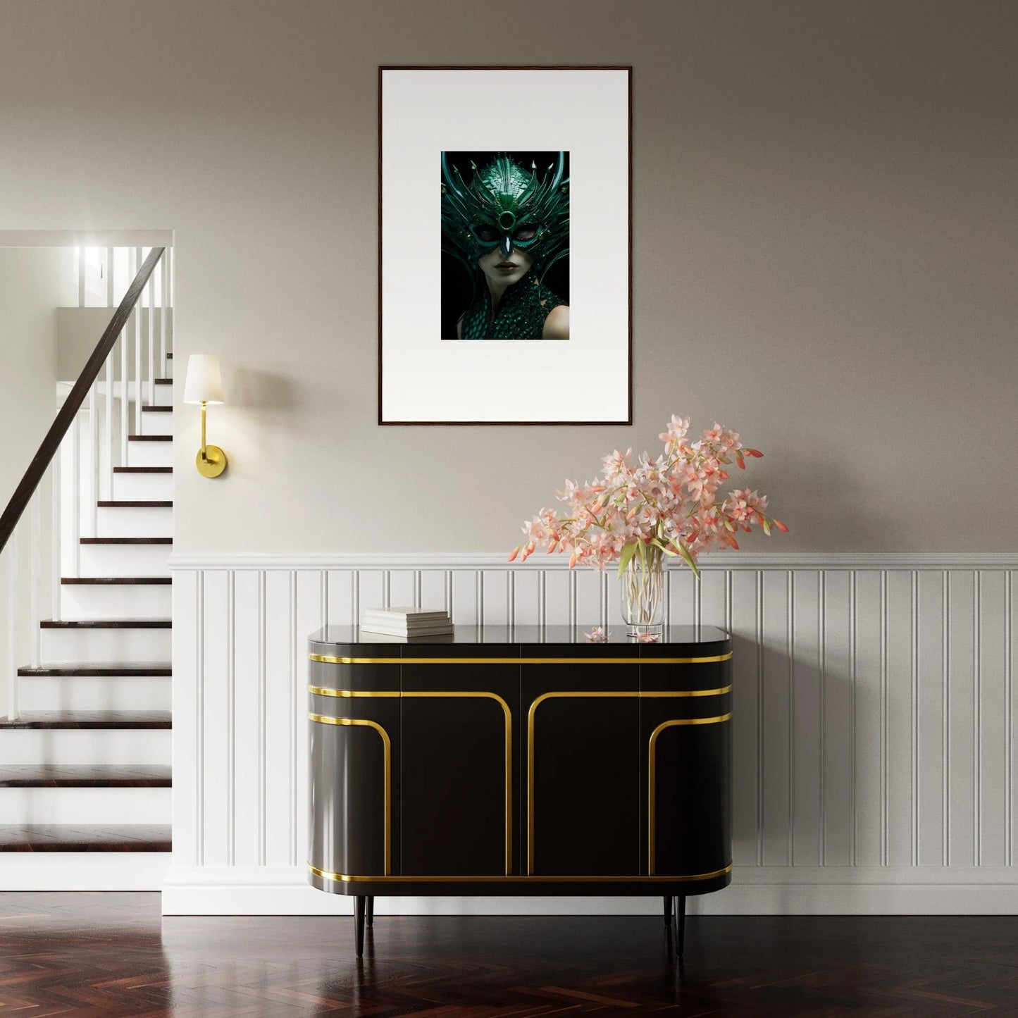 Elegant entryway with a black and gold console, canvas print, and floral decor for room decoration