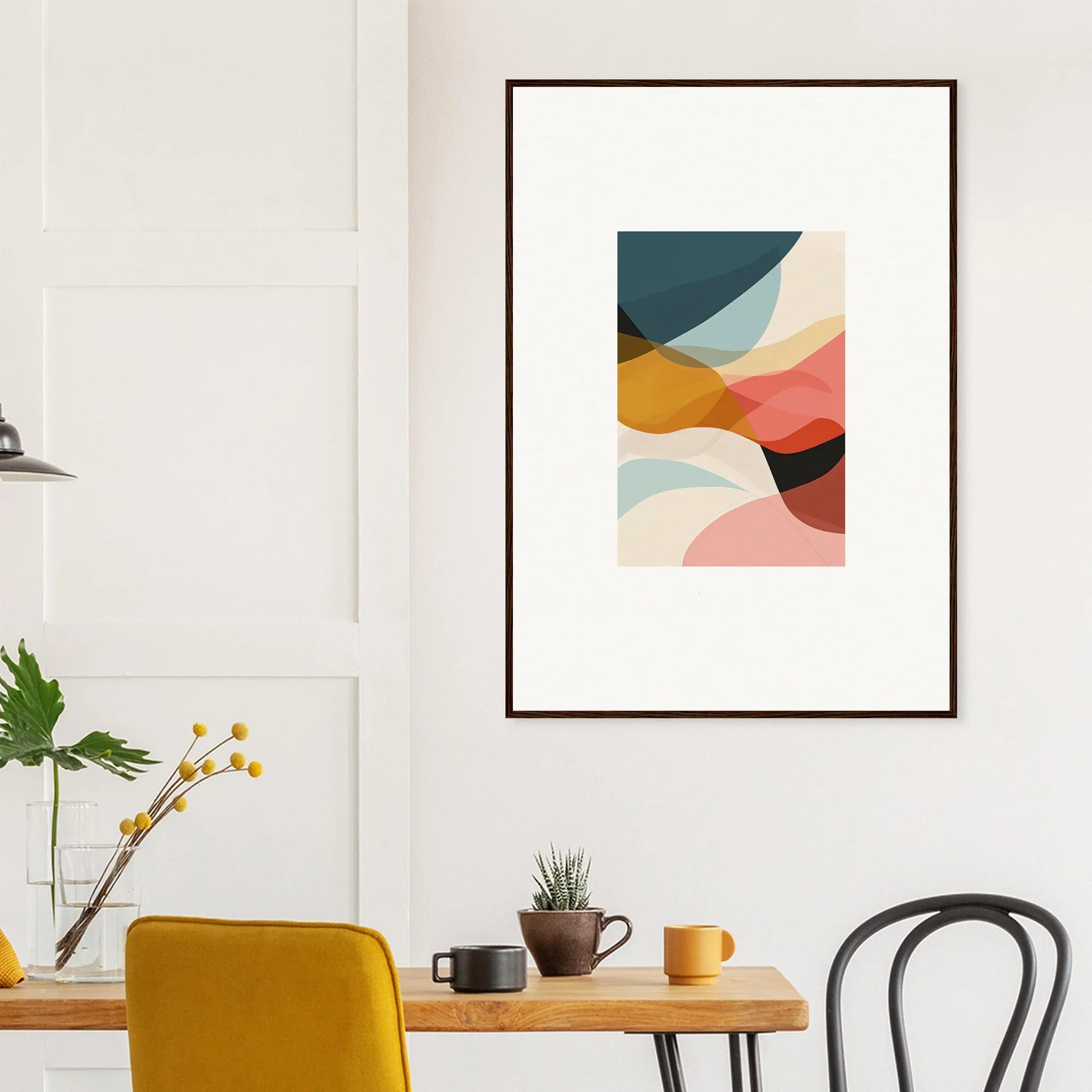 Abstract wall art with curved shapes in pastel colors for stylish room decoration