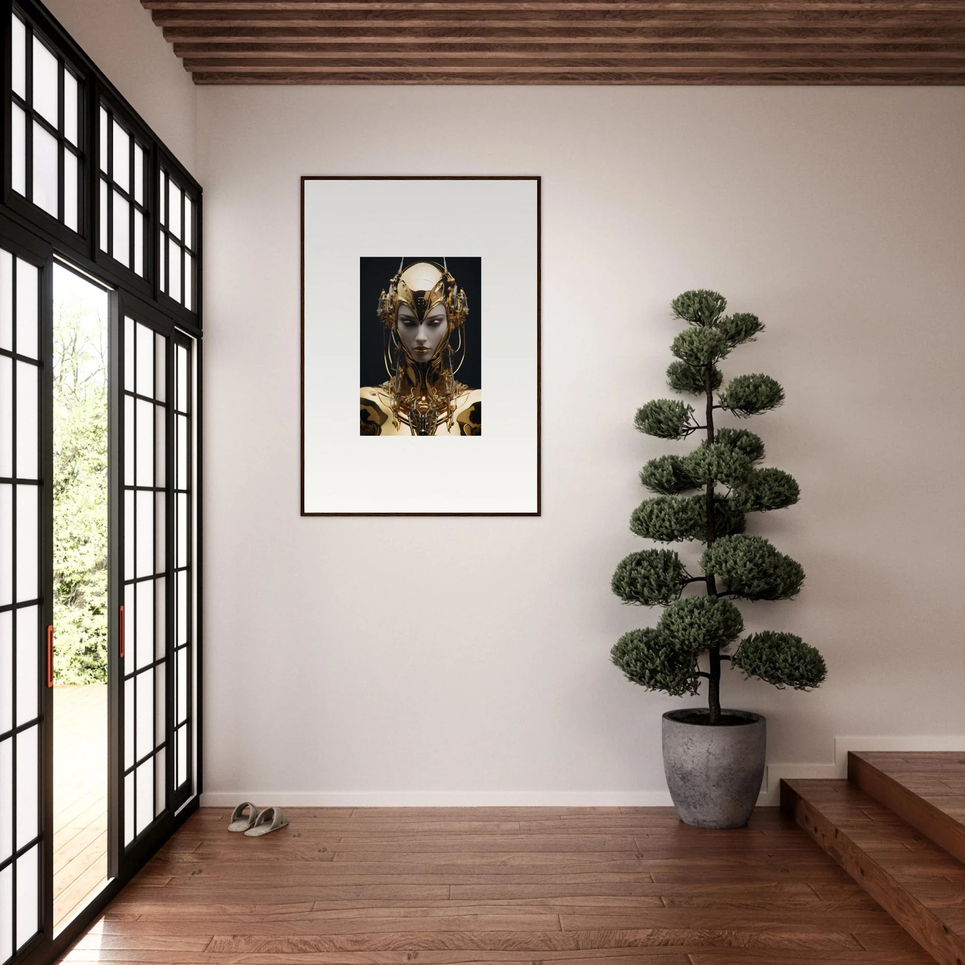 Framed portrait of a golden metallic figure for stylish room decoration as a canvas print