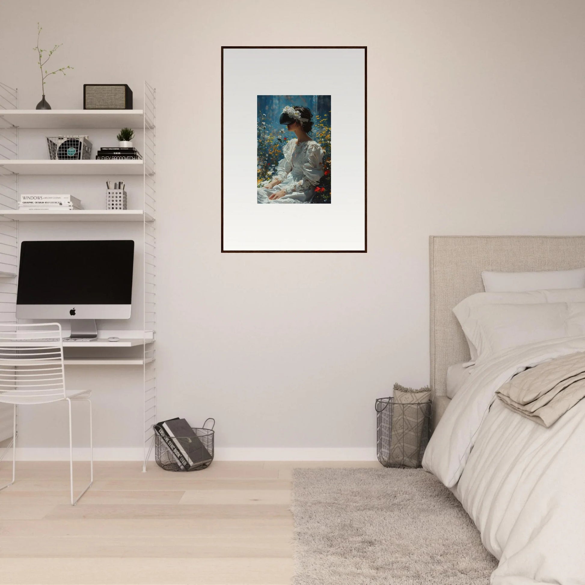 Framed canvas print of a person in white on blue, perfect for room decoration bloom reverie