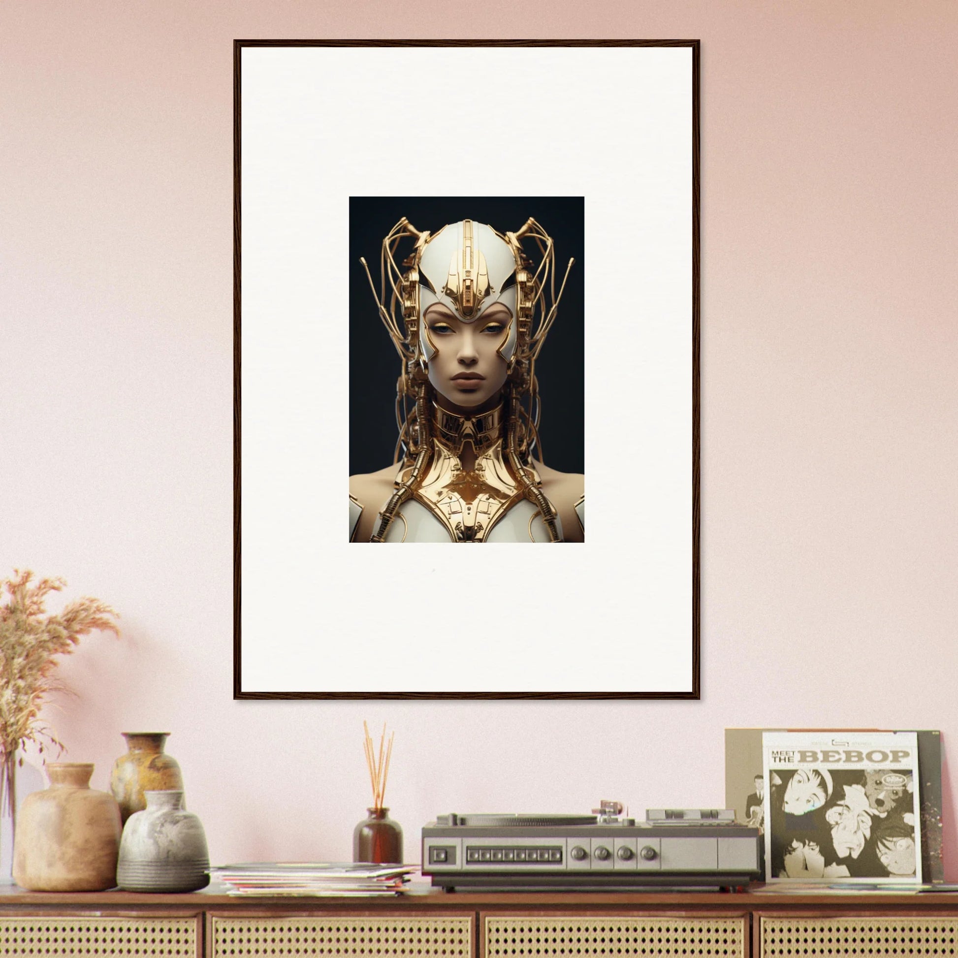 Framed canvas print of a fantastical figure in an ornate golden headdress for room decoration