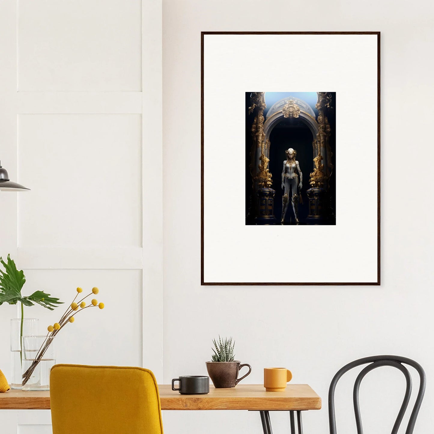 Framed canvas print of a figure in an ornate archway, perfect for griffinscape synergy room decoration