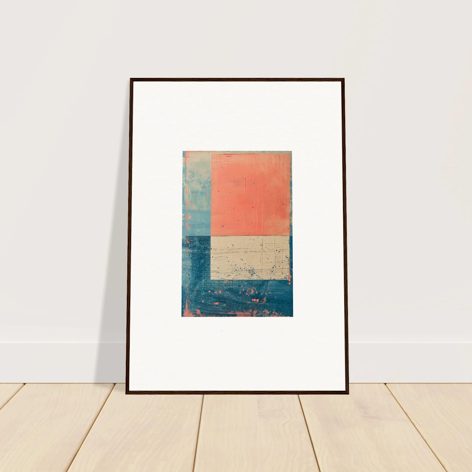 Framed canvas print of Palette Whispers with geometric coral and blue color blocks