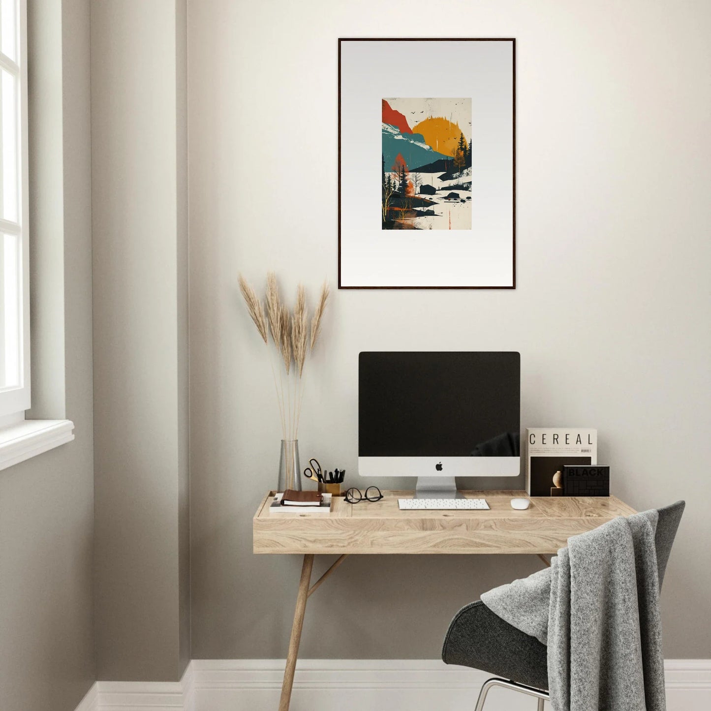 Minimalist home office with wooden desk, computer, and Handshake Trembling Skylines canvas print