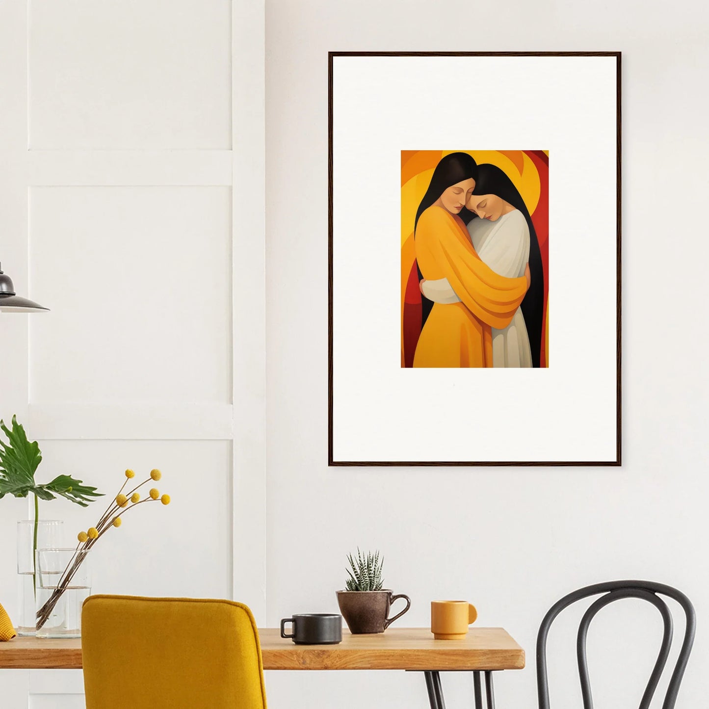 Framed canvas print of Timid Sun Nyah featuring two figures embracing in vibrant colors