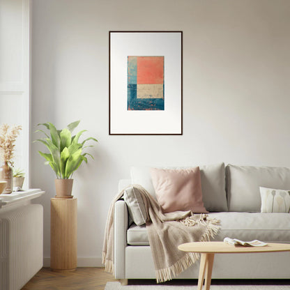 Framed canvas print of Palette Whispers with blue, peach, and white geometric blocks