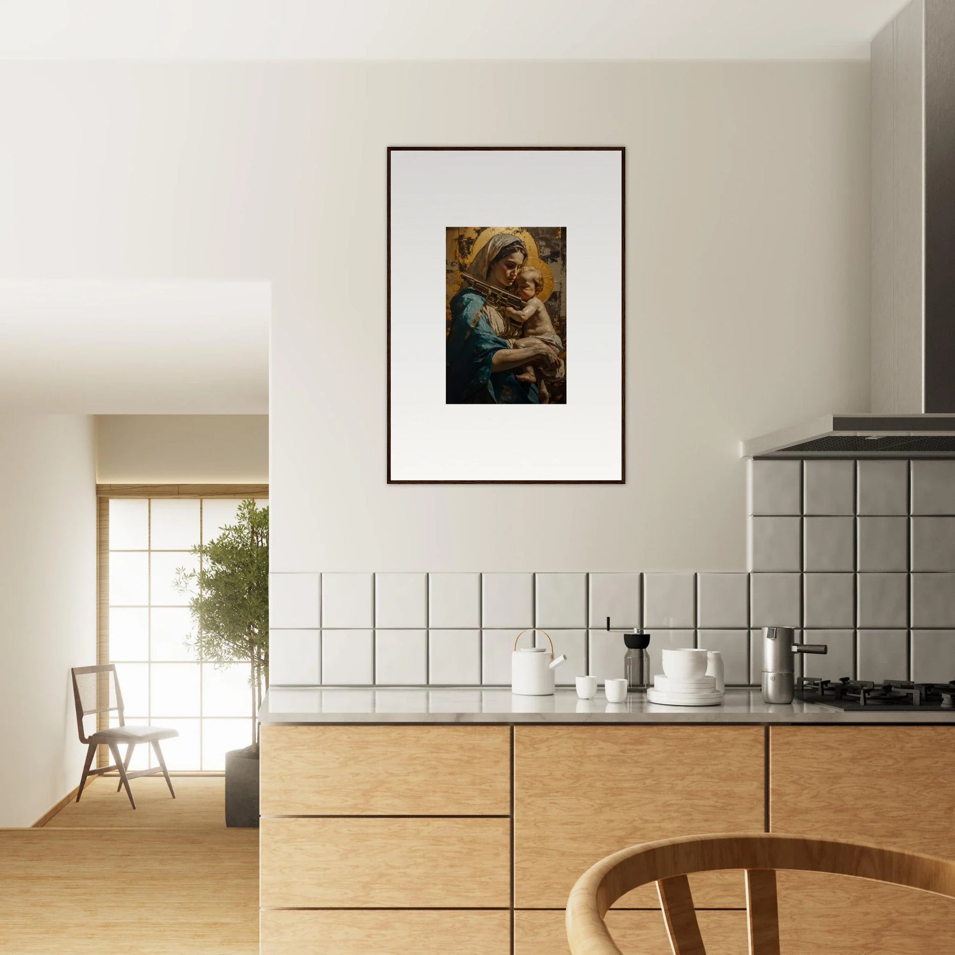 Framed canvas print of a woman holding a baby, perfect for loving sentinence room decoration